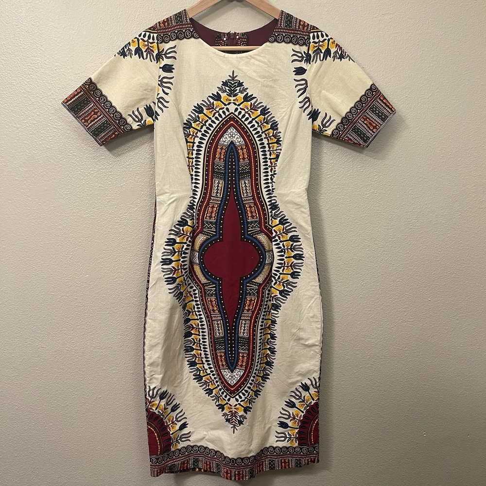 Handmade African Dashiki Dress Zipper Yellow Burgundy Tribal Boho Ethnic XS READ